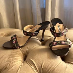 Manolo Blahnik Floral Embroidered Strappy Sandals